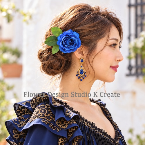 青い薔薇のUピン髪飾り〈薔薇＋葉の２点セット〉花径7cm｜フラメンコ・社交ダンス・舞台・成人式・入学式・卒業式