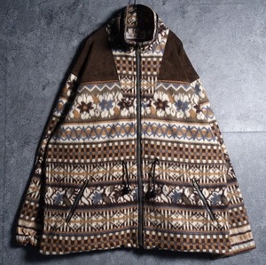 Multicolor Flower & Geometric Pattern Design Fleece Jacket