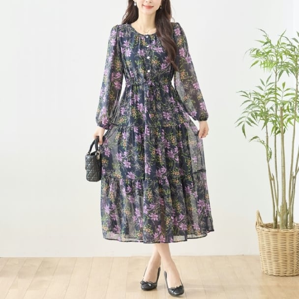 ロングワンピース フラワーシフォンティアード N82-556 TRUBE 大人ナチュラル fmsd レディース 長袖 デイリーファッション 大人フェミニン 大人可愛い 普段着 ミセス おしゃれ着