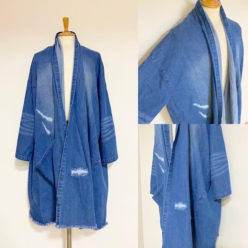 Damage & Repair Processing Denim Gown-ish Shirt Coat　Indigo