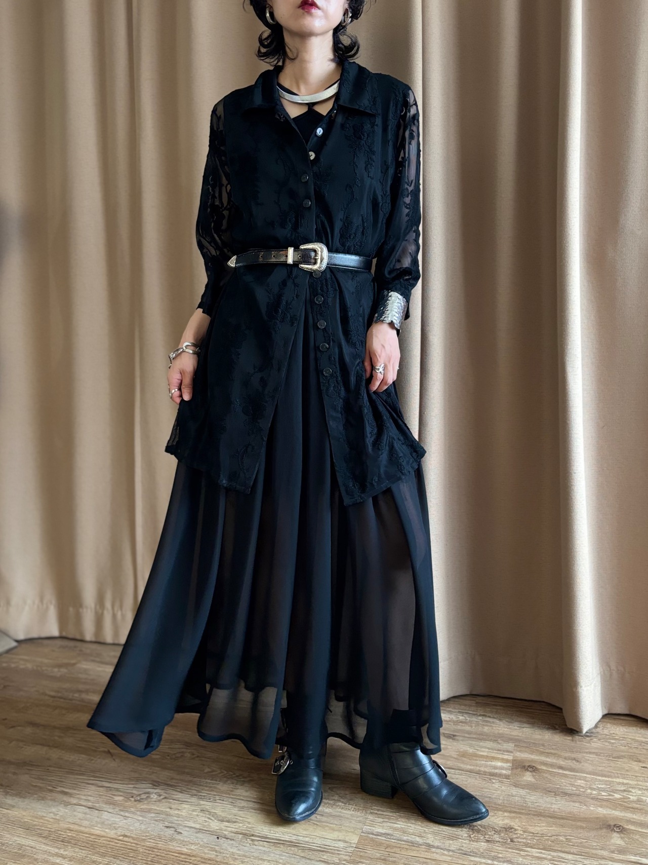 black floral lace sheer long shirt-5315-7