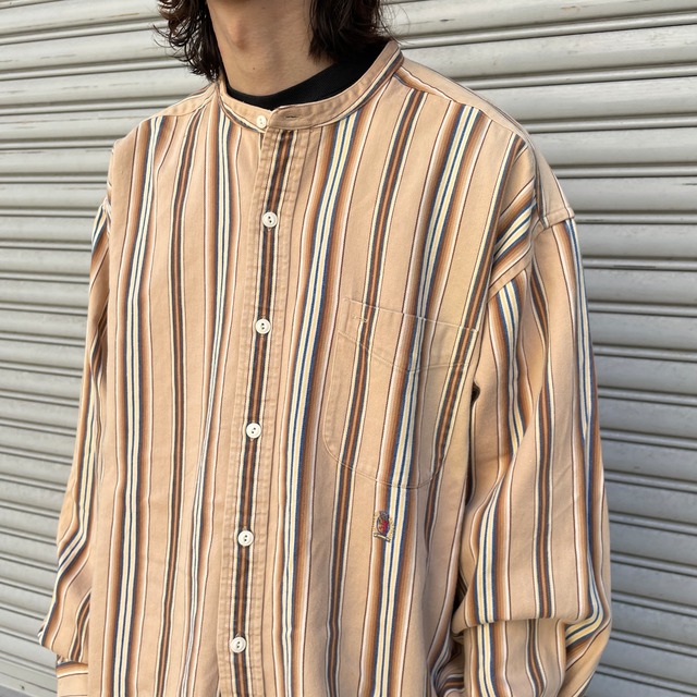 『送料無料』90s Tommyhilfiger ノーカラーマルチストライプシャツ　XL