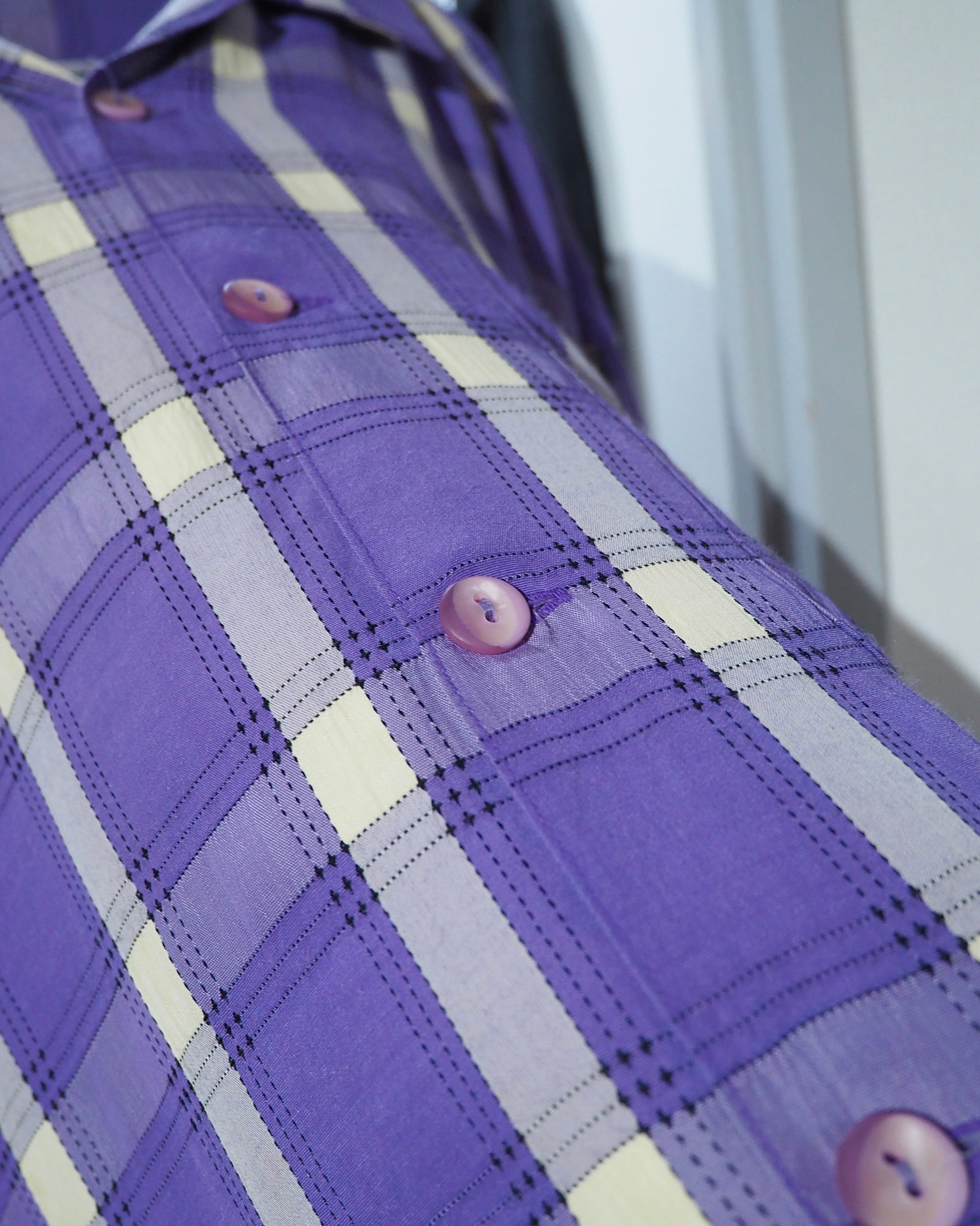 1990s " JUNKO KOSHINO " White Purple Check pattern vintage Open collar SS shirt