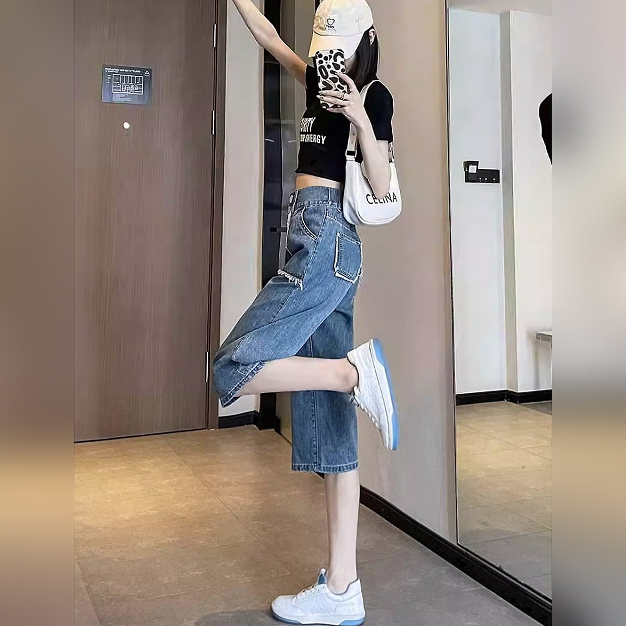 全2色 デニム6分丈ハーフパンツ 膝下 ハーフパンツ ショートパンツ 六