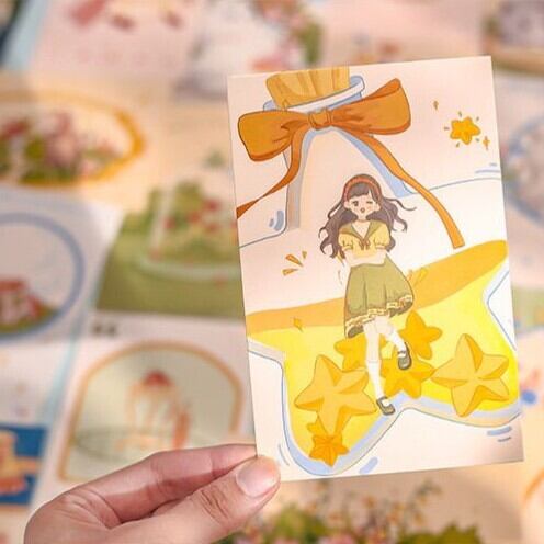 猫系ポストカード ゆめかわ ファンシー 小さな女の子と猫のかわいい
