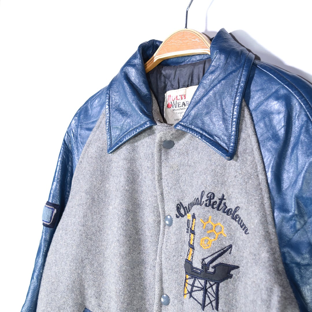 スタジャン レザー ウール 古着 ヴィンテージ グレー 緑 グリーン  