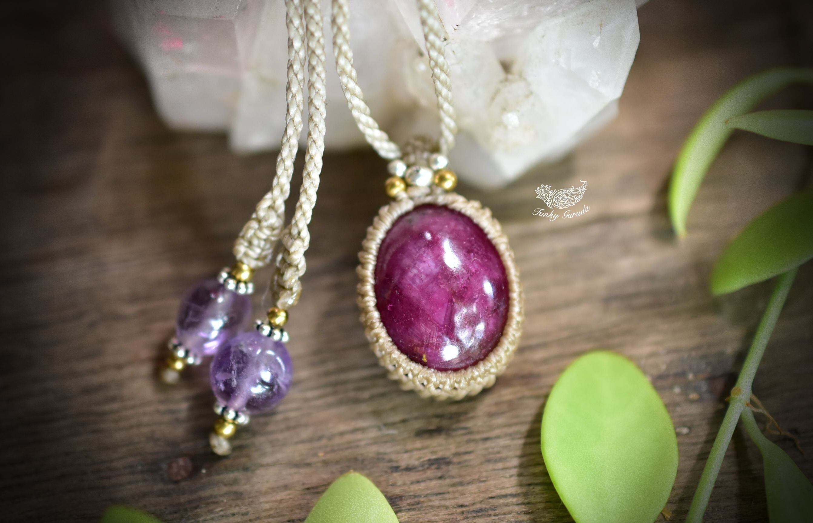 スタールビーのマクラメネックレス 繊細な煌めき☆40ctスタールビー マクラメペンダント rubyy025