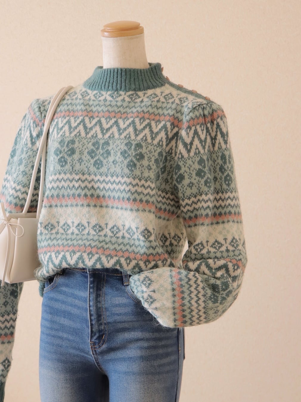 ●fair isle design shoulder button puff sleeve wool knitted sweater