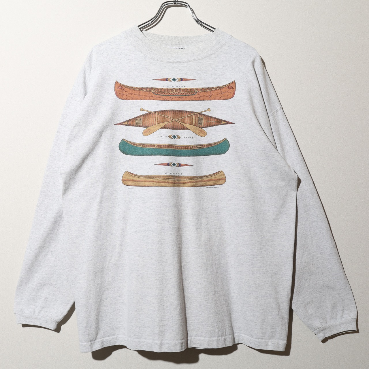 極美品 XL USA 90s Harborside Graphics カヌー 杢グレー L/S Tシャツ 長袖 ハーバーサイドグラフィックス
