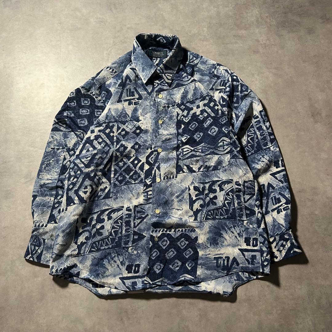 Blue satin Japanese pattern retro shirt