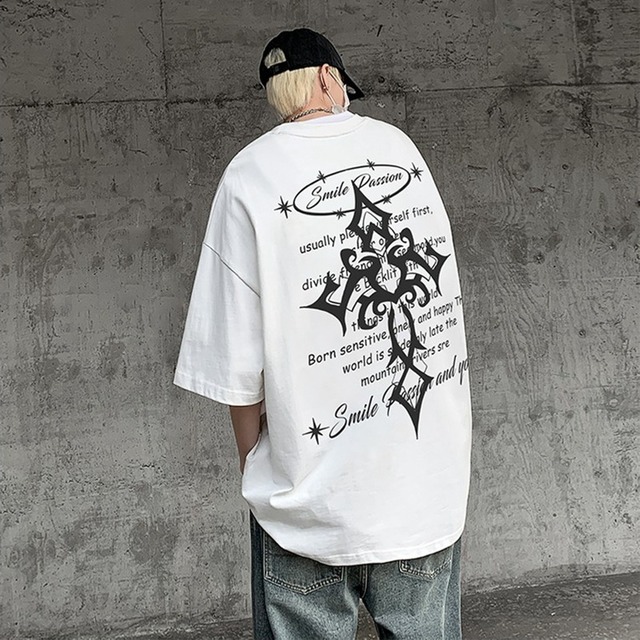 ゴスロリ通販 With U ゴスロリ 春夏 メンズ 半袖 Tシャツ オーバーサイズ バックプリント クロス柄  ユニセックス ストリート系 カジュアル Y2K
