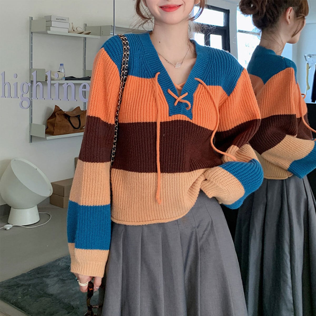 【送料無料】 ニット セーター ボーダー ショート丈 長袖 レディース 春秋冬 韓国 大人 カジュアル おしゃれ マルチボーダー ゆったり 体型カバー レースアップ トップス 大人可愛い 大人女子