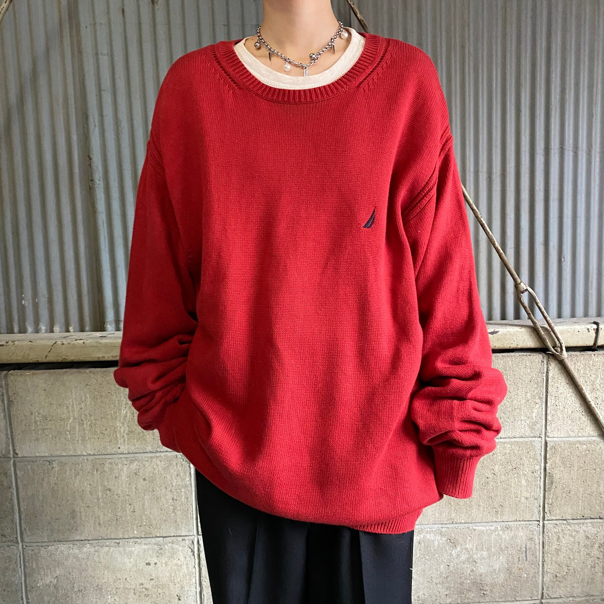 ビッグサイズ Nautica ノーティカ コットンニットセーター メンズxl 古着 レッド 赤 ワンポイントロゴ刺繍 ニットセーター Cave 古着屋 公式 古着通販サイト
