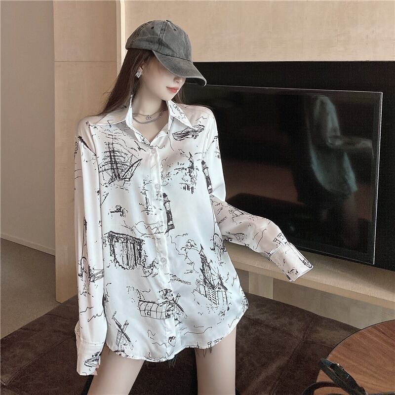 シャツ レディースサマーサテンスタンダードホワイトトップス ロング レトロ 夏物 シルク YY-ファッション44122510859