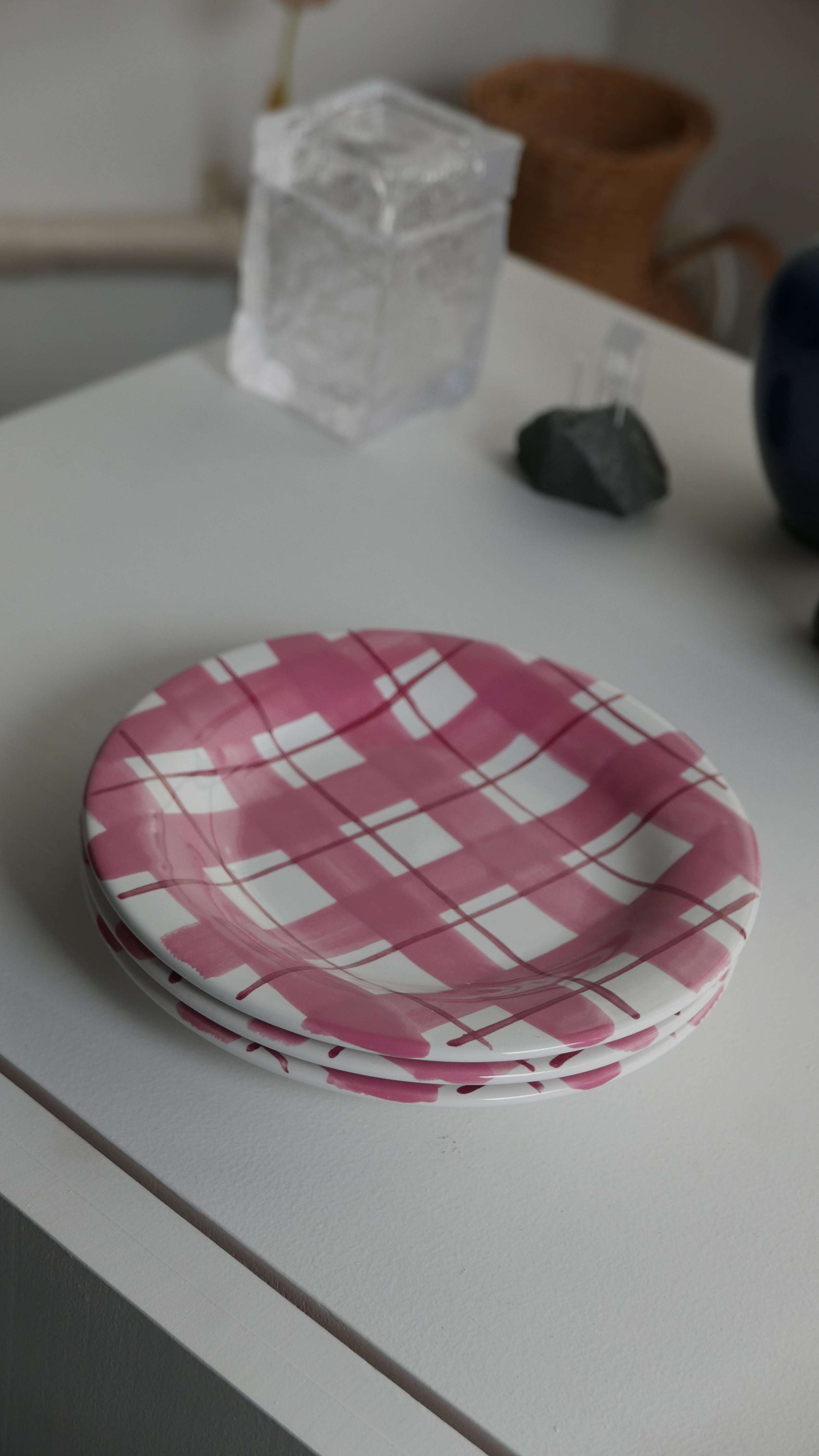 old japan stoneware , pink / check