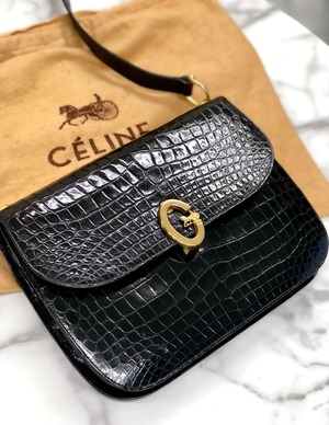 CELINE セリーヌ　馬車   ホースキャリッジ　オーバル　クロコ型押しレザー　ショルダーバッグ　ブラック　vintage　ヴィンテージ　オールドセリーヌ　6tmne2