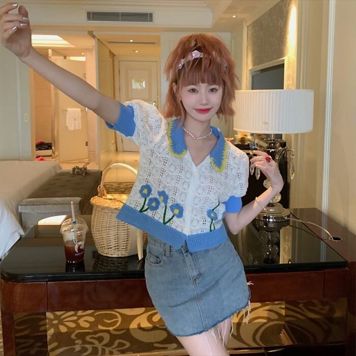 『精三巧制』レースカーディガン(M)ハンドメイド　透け編み　花柄　ラメ入り　羽織