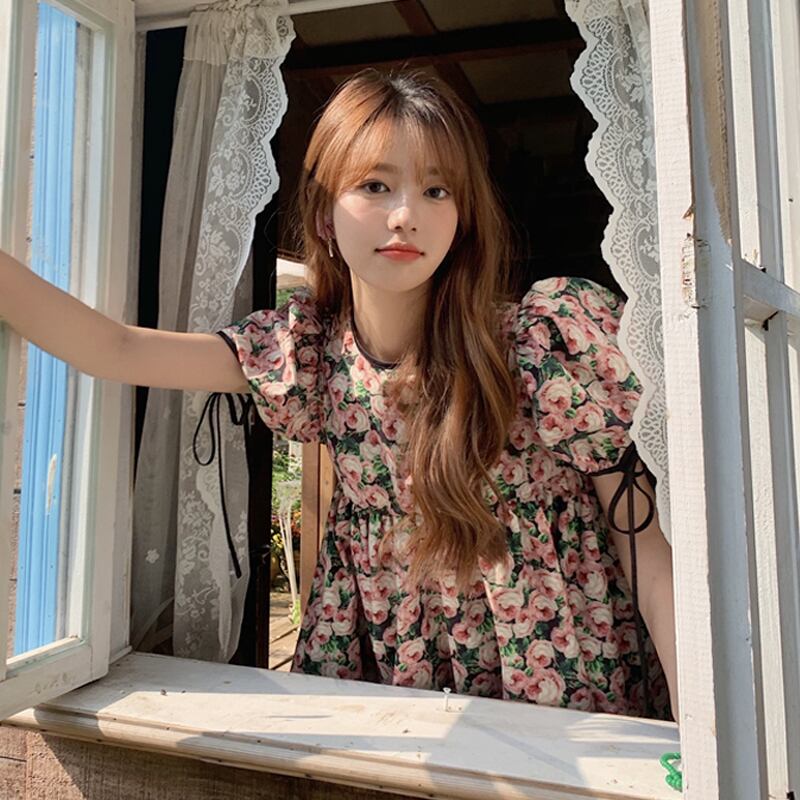 スリーブフローラルドレス サマースカート 大人ガーリー スウィート キュート カジュアル 夏物 花柄 試着室49057077572