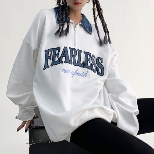 デニムカラーグラフィックハーフジップトップス 2col   R01408