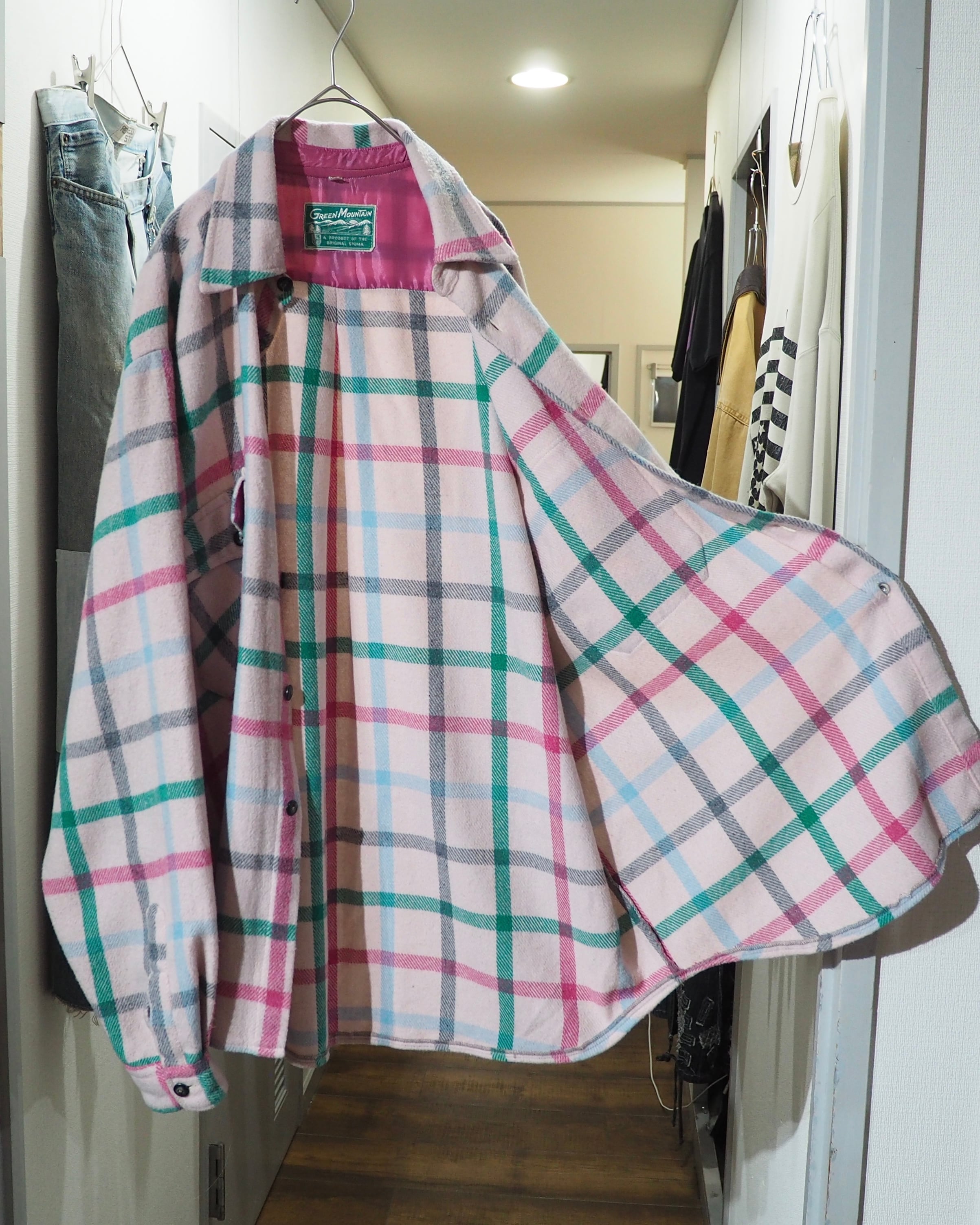 1980s " Green Mountain " Pale Pink Check Pattern Vintage Loose Flannel Shirt