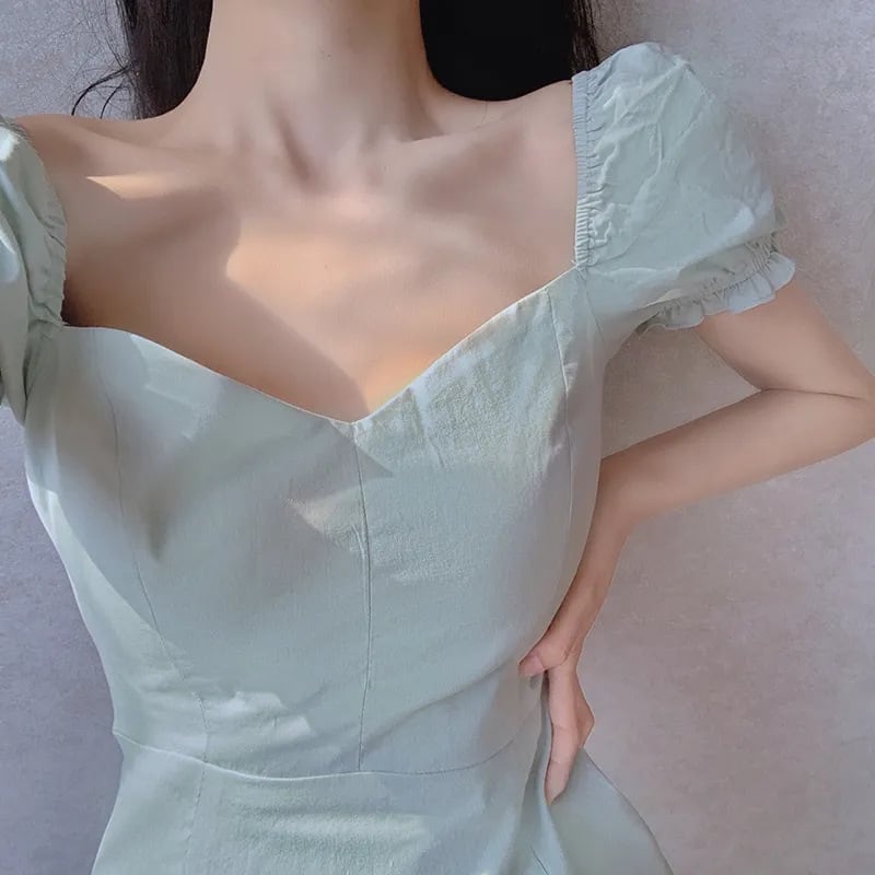 【新作】【送料無料】 ミントグリーンフレンチスクエアネックシンプルウエスト痩身エレガントパフスリーブAラインドレスプチドレス女性 0214623146288