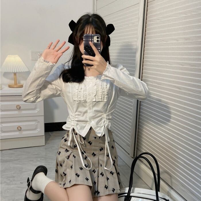 ギャザーシャツ トップス レディーススプリングハイウェストウェストプリーツリボンスカート パンツ 春物 ドラファッションホール36200207845