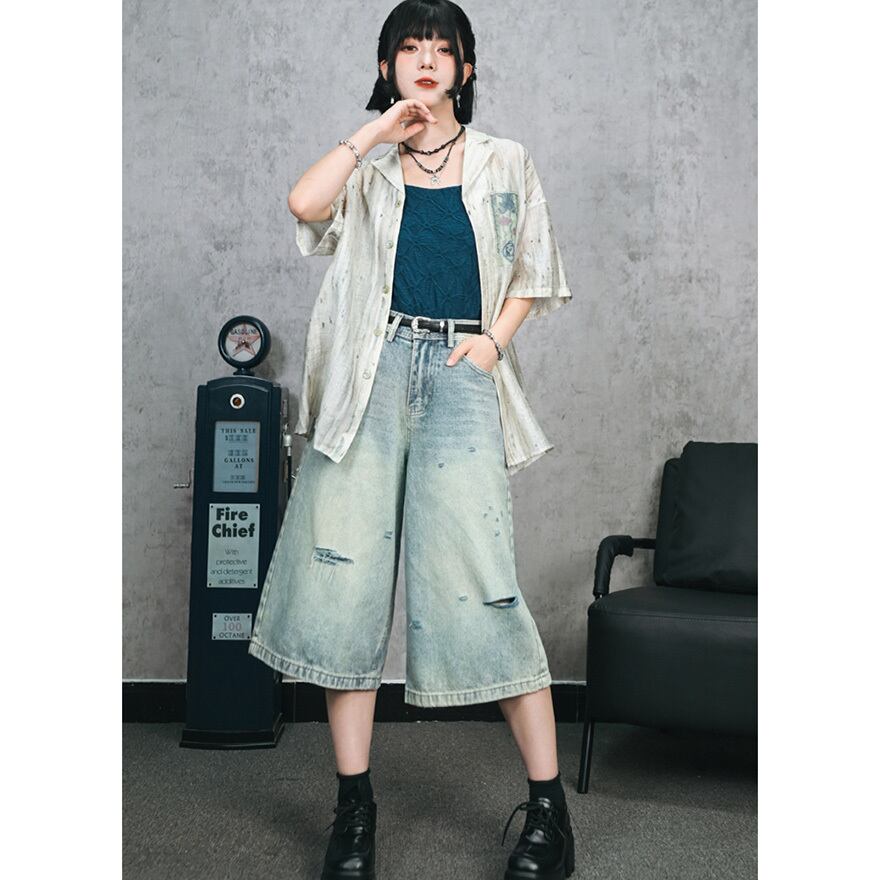 中華ゴシック チャイナ服 中華服 古怪舎 デニム パンツ 7分丈 クラッシュダメージ 中華系ファッション 30代ファッション 夏服