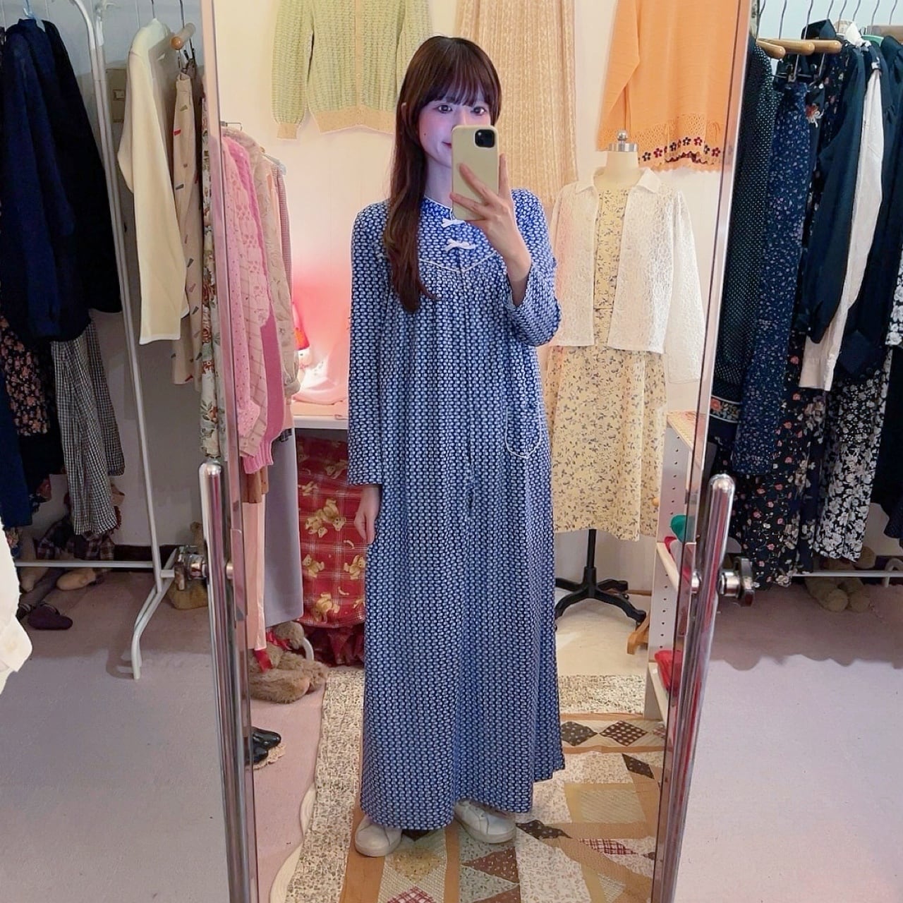 blue white flower neglige one-piece