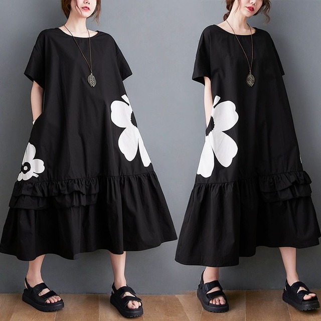 FLOWER PRINT BOAT NECK A-LINE MIDI PULLOVER DRESS 1color M-13720