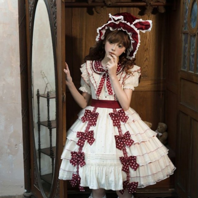 古き良き時代のドールに変身 ドット柄リボンが躍るクラシカルな甘ロリフリルワンピース