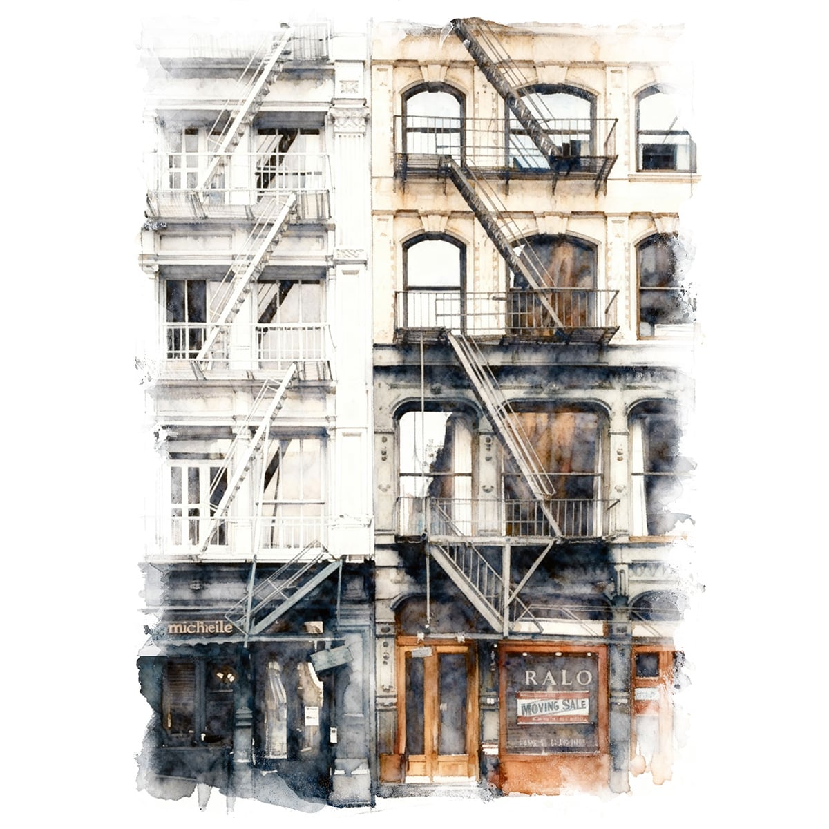 絵画 アメリカ 風景画(街並み) ニューヨーク ソーホー地区の古い建物