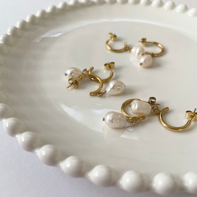 14KGP baroque pearl hoop pierce （ステンレス／ピアス／316L／パール／パールピアス）