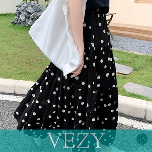 ドット柄ティアードスカートフレアスカート ハイウエストロングスカート ウエストゴム 着やせ大人可愛いミモレスカート 裏地付きaラインスカート韓国風 ボトムス VEZY ベジー ItemNo.【22454962】