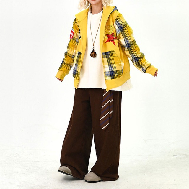 ナンバリングチェックミックスジップフーディ   R01513