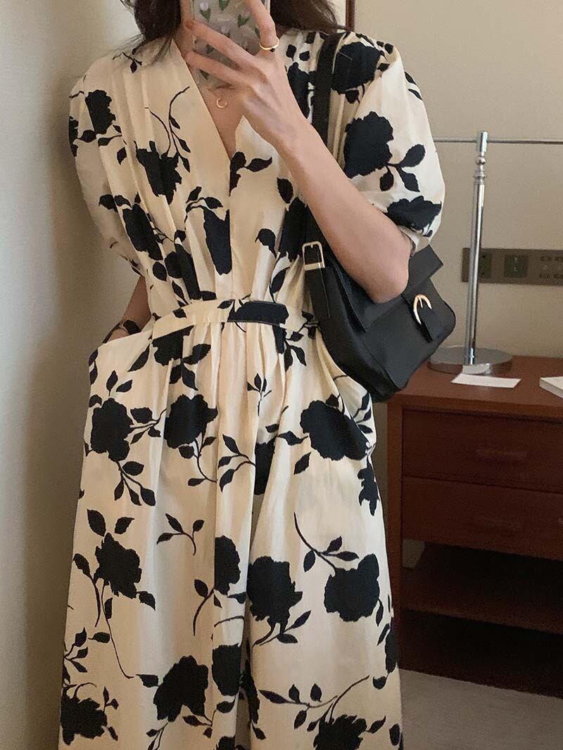 Flowerデザイン カラーウェストドレス サマースタイルレース薄手Aラインスカート ランタンスリーブ 大人ガーリー スウィート キュート カジュアル 夏物 レースアップ フラワーデザイン ビッグFスモールZ韓国58179201213