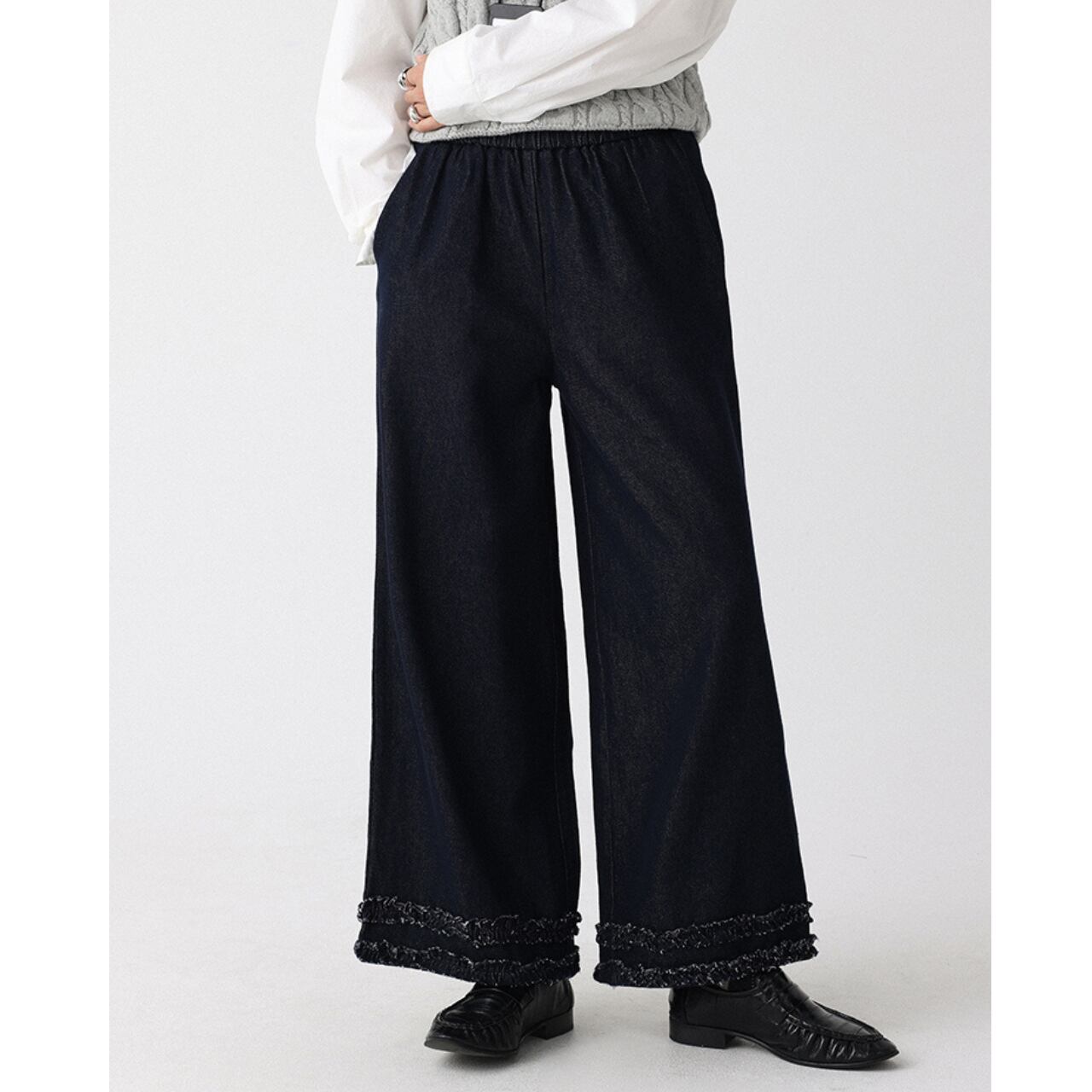 フリルヘムワイドレッグデニムパンツ　a0611