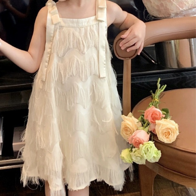 フリンジデザイン肩リボンワンピース:80‐120size.