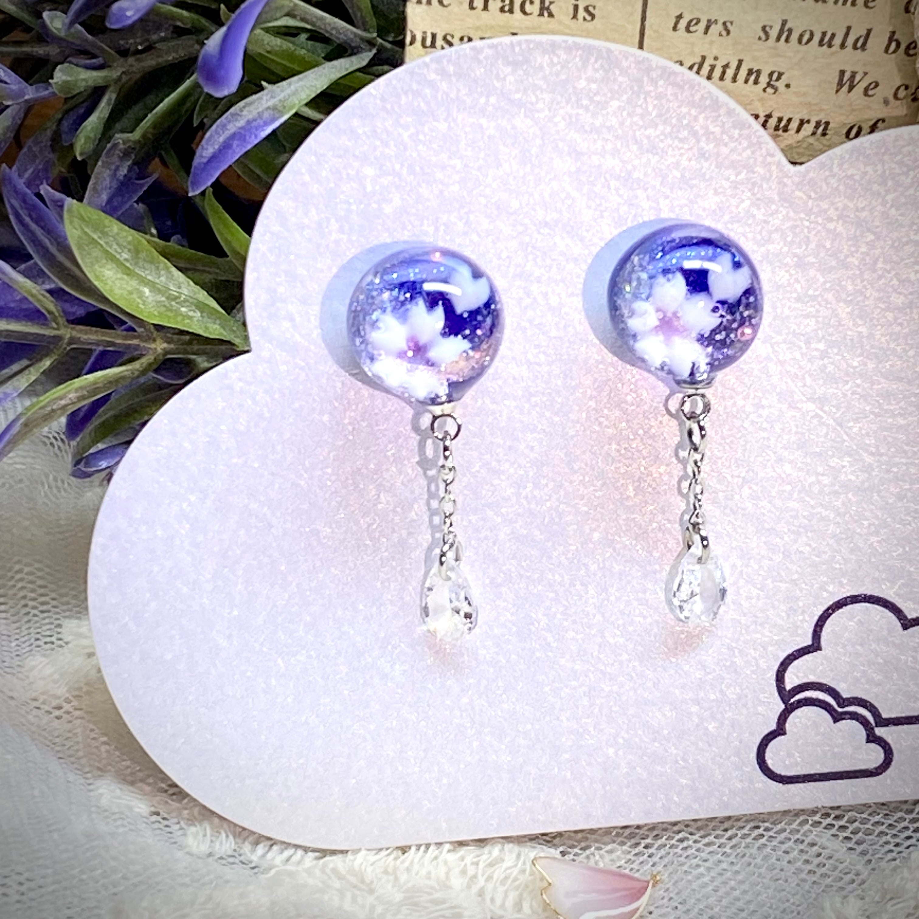 レジンキャッチ式ピアス  桜とドロップ型キュービックジルコニア 小さめ シルバー/パープル  サージカルステンレス