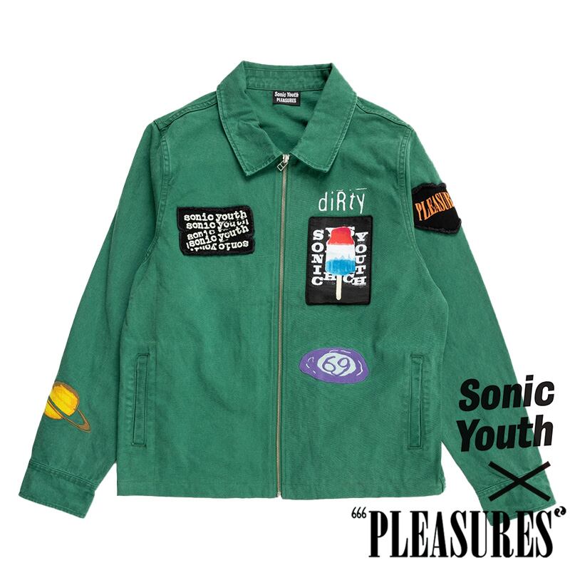 【PLEASURES/プレジャーズ×Sonic Youth/ソニック・ユース】SONIC YOUTH WORK JACKET ワークジャケット /  GREEN / 11607 | AnKnOWn LAB powered by BASE