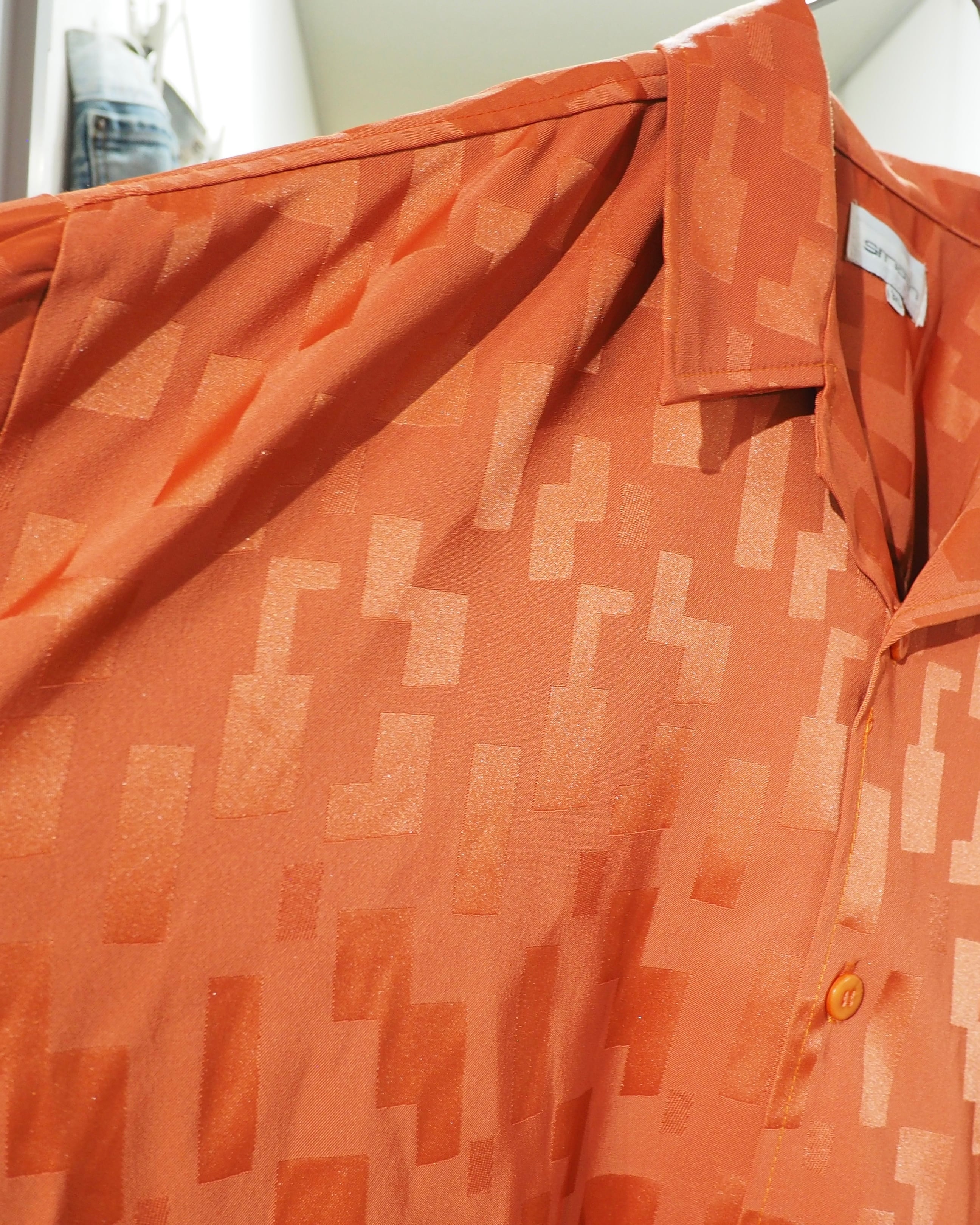 1990s " Made in USA ‐ Smash " Vivid Orange × Block Pattern Vintage Loose Open Collar Shirt