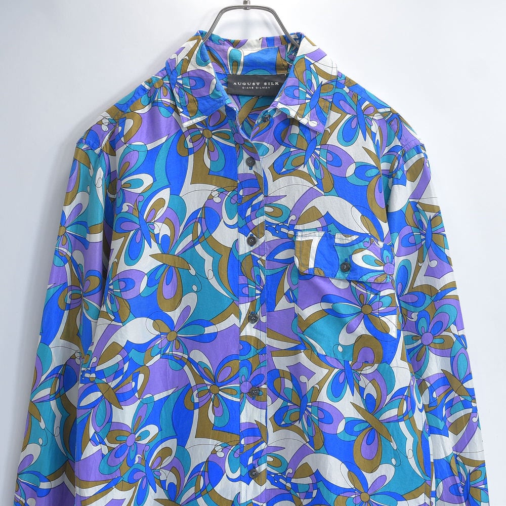 90s~ AUGUST SILK オーガストシルク サイケデリック プッチ柄 デザイン 総柄 シルク シャツ 長袖 幾何学模様 レトロポップ ヴィンテージ ビンテージ USA アメリカ古着 メンズM相当