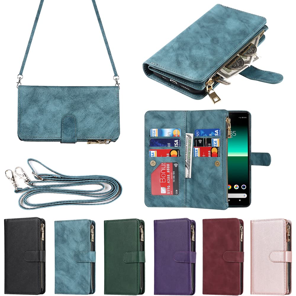 Eastwave for Xperia 10 II ケース ソニー for Sony エクスペリア 10II SO-41A 縄掛けケース 手帳型 財布型 ICカード コインポケット ストラップ付き カード 収納 小銭入れ ファスナーポケット付き PUレザー 6色 ブルー