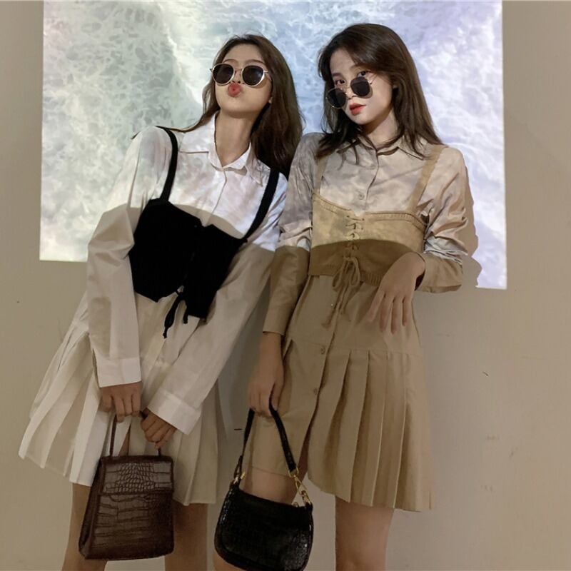 薄手Aラインドレス オータムウィンターハイウェストウェストスタンダードプリーツショートスカート ロング レトロ 秋物 冬物 YY-ファッション7887267972