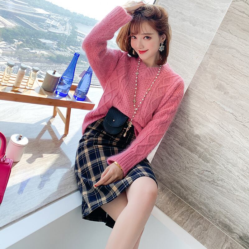 スタイルVネックルーズセーター ハイウェストウェストスタンダード格子柄スカート オータムウィンター レトロ 秋物 冬物 MIUCO87513774618