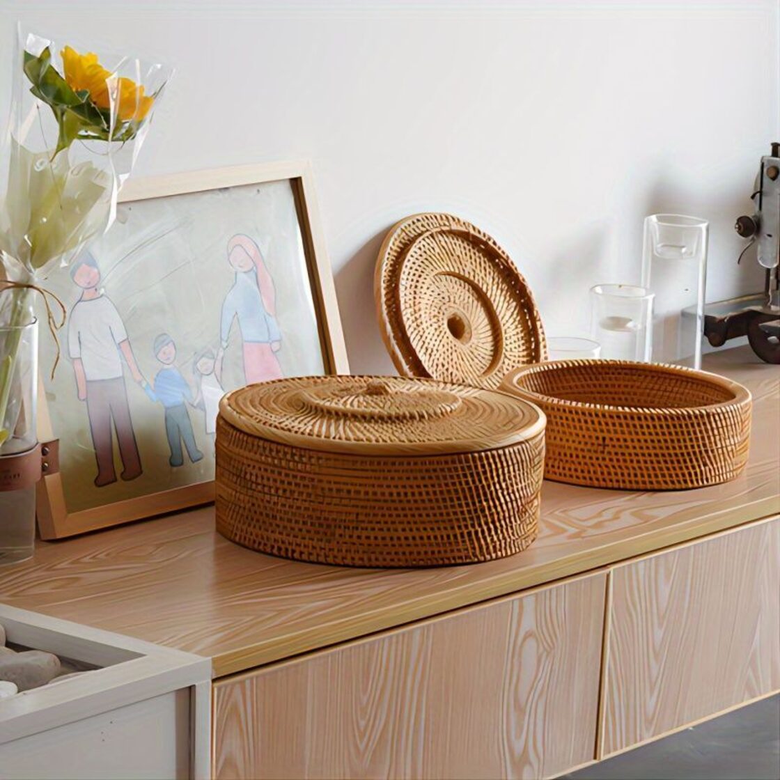 手編みバスケット ＜9×26cm＞ 木製風バスケット シンプル レトロ 