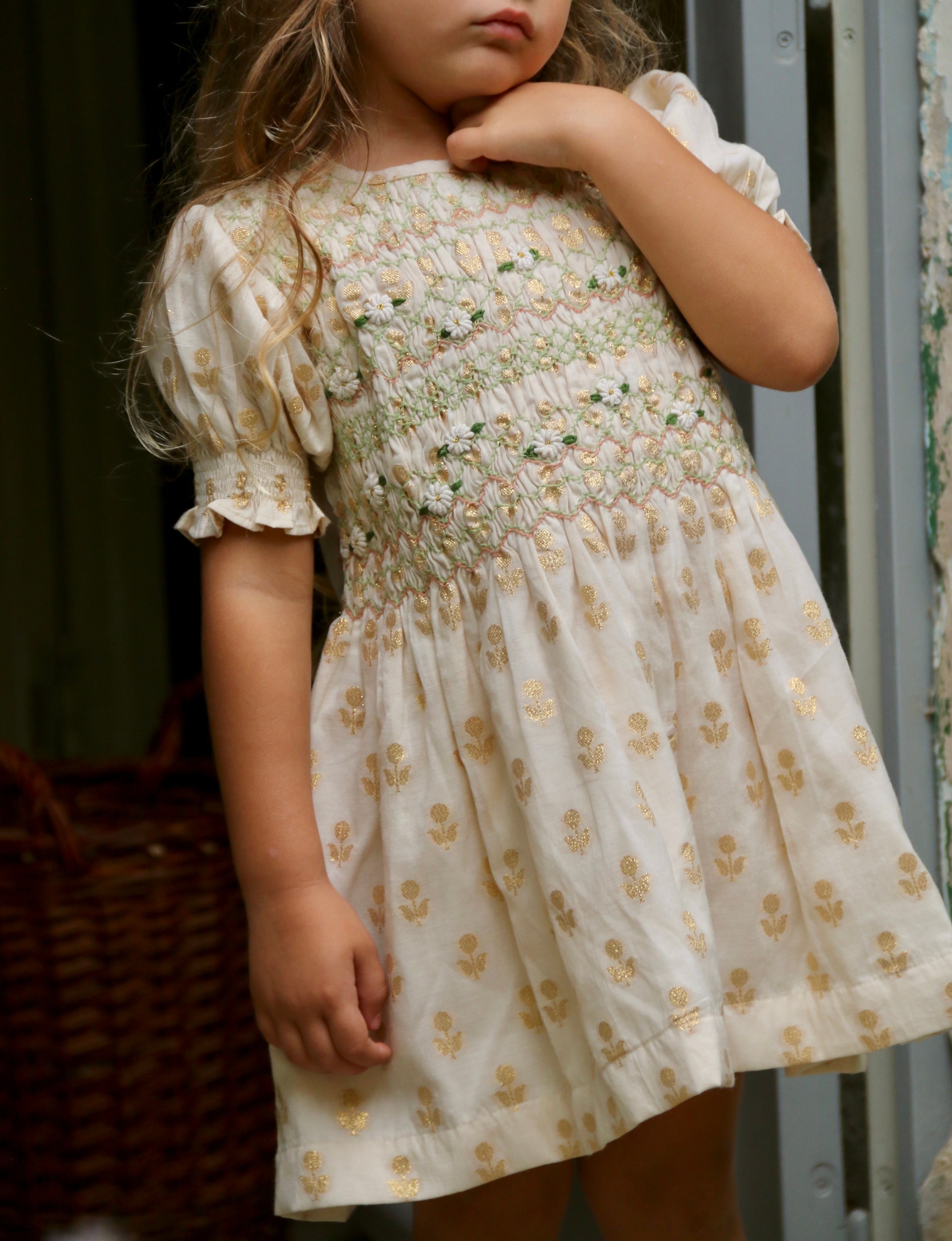 Smocks blouse short sleeves Flowers lurex ecru Chanderi 2y,4y,6y