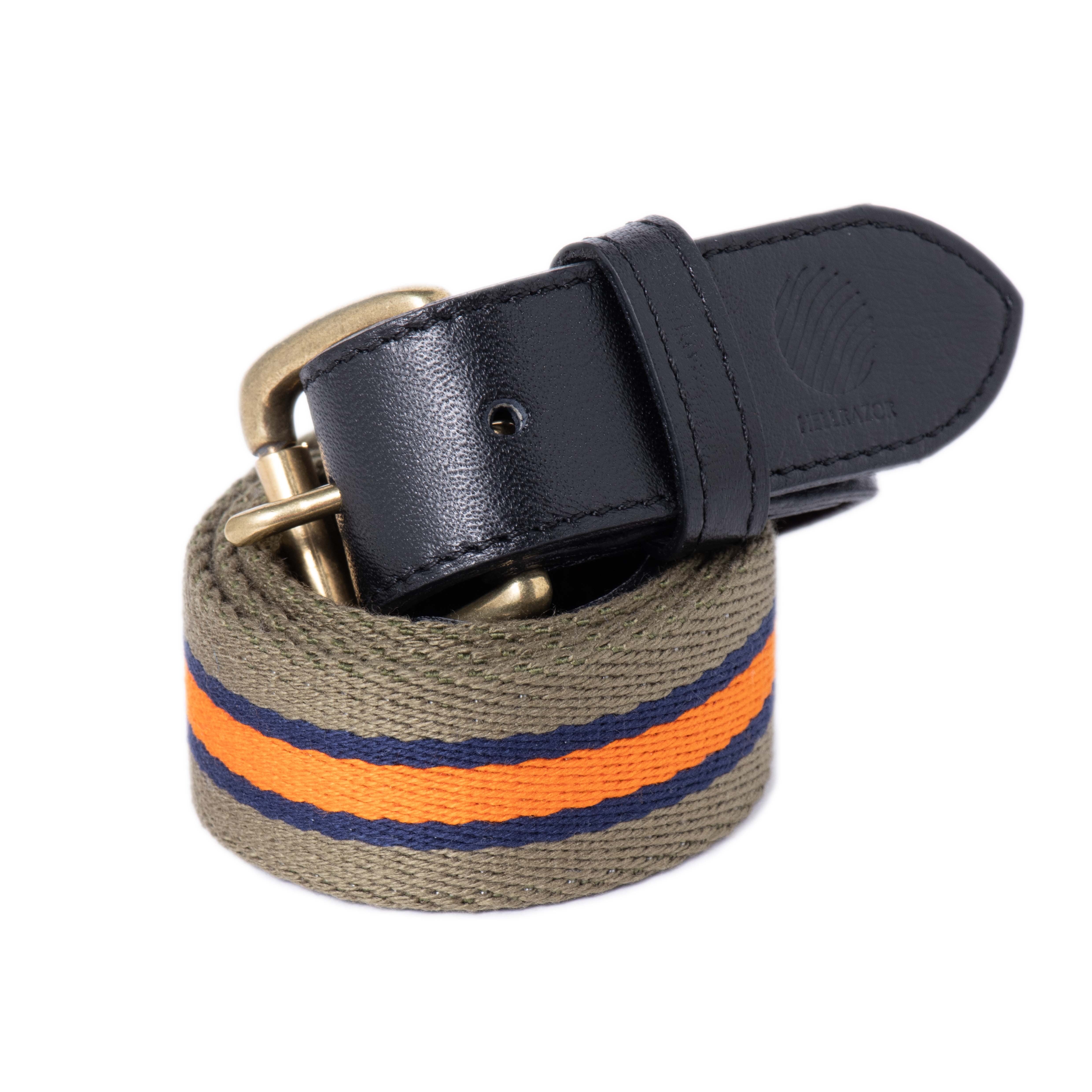 HELLRAZOR|TRIM STRIPED LEATHER BELT-OLIVE/ORANGE- 送料無料