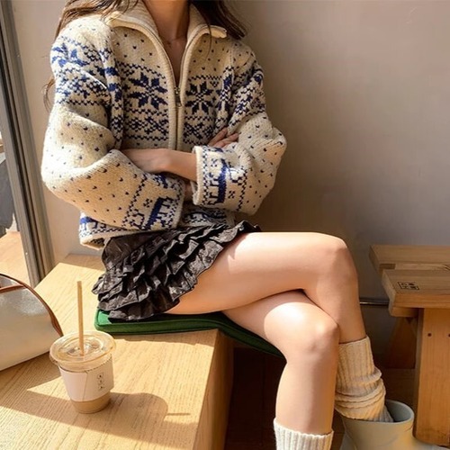 カーディガン ニット トナカイ ドット レディース トップス アウター 羽織 セーター スノーフレイク ダブルジップ ハイネック 2WAY ウインター クリスマス 防寒 ybh1990