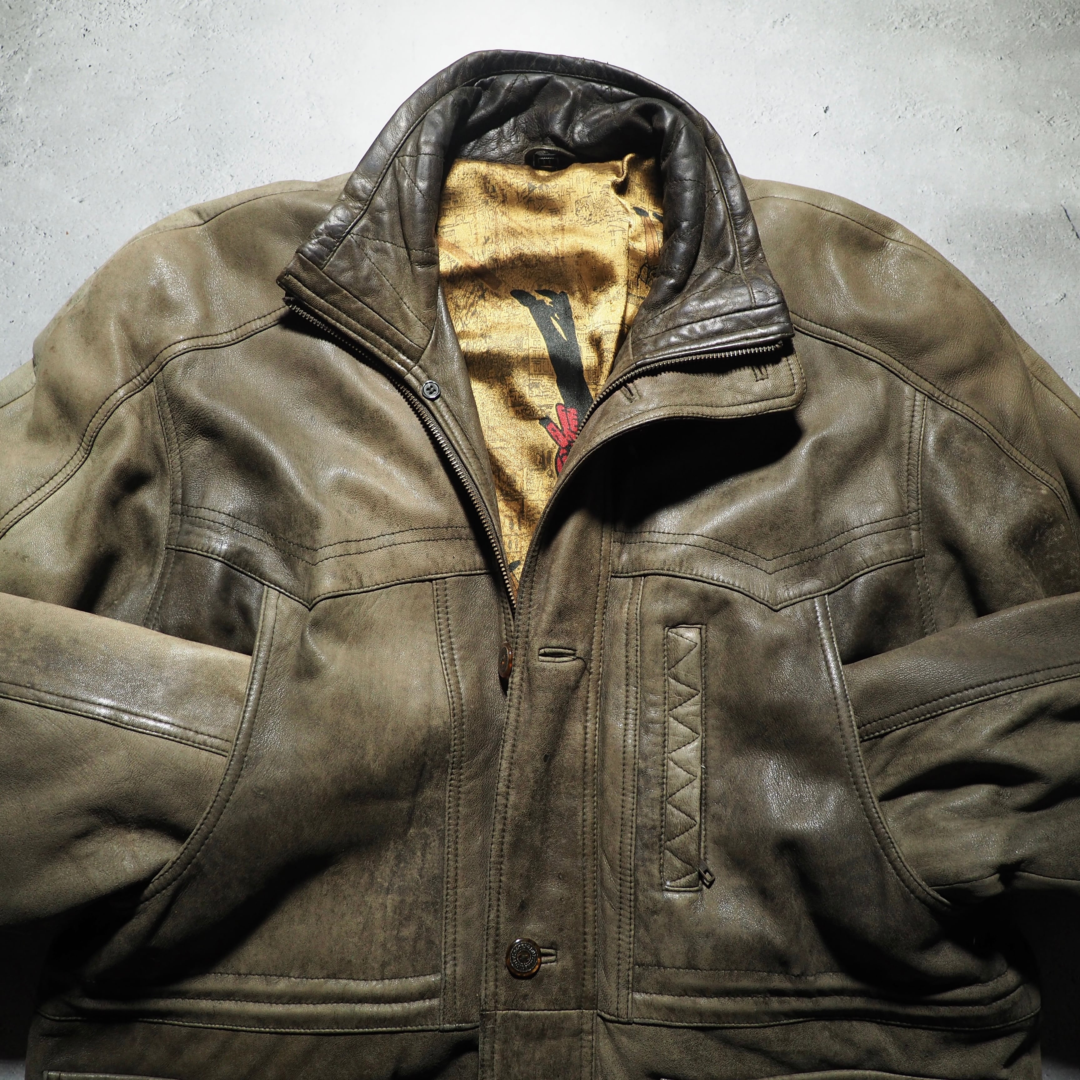 ” Deformation - 変形 ” Beautiful aging Fade color vintage loose sheep leather jacket
