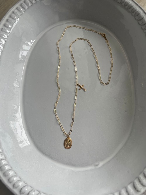 Re Stock！【K14GF】Medai & Cross Charm Layered Necklace(50㎝)